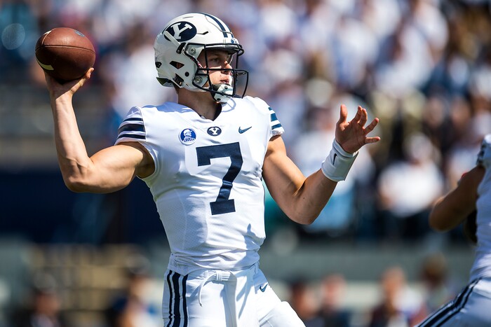 (Chris Detrick  |  The Salt Lake Tribune)   Brigham Young Cougars quarterback Beau Hoge (7) throws the ball for an interception on BYU's first drive of the game at LaVell Edwards Stadium Saturday Saturday, September 16, 2017. Wisconsin Badgers are leading Brigham Young Cougars 24-6 at halftime.