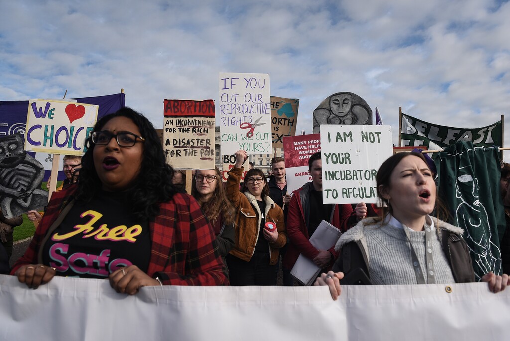 (Mary Turner | The New York Times)

Abortion rights demonstrators in Belfast, Northern Ireland, Nov. 21, 2019. “Once, Ireland seemed obsessed with punishing women. Now it’s America,” writes New York Times columnist Maureen Dowd of the Supreme Court’s decision to overturn Roe v. Wade.