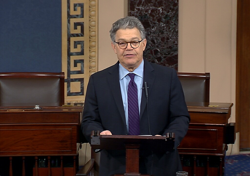 In this image from video from Senate Television, Sen. Al Franken, D-Minn., speaks on the Senate floor of the Capitol in Washington, Thursday morning, Dec. 7, 2017.  Franken said he will resign from the Senate in coming weeks following a wave of sexual misconduct allegations and a collapse of support from his Democratic colleagues, a swift political fall for a once-rising Democratic star. (Senate TV via AP)