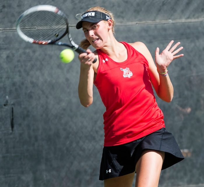 (Rick Egan  |  The Salt Lake Tribune)   Emily Astle, Alta, plays Emma Jewell, Olympus, 	in the 5A State High School tennis championship game. Friday, October 6, 2017.