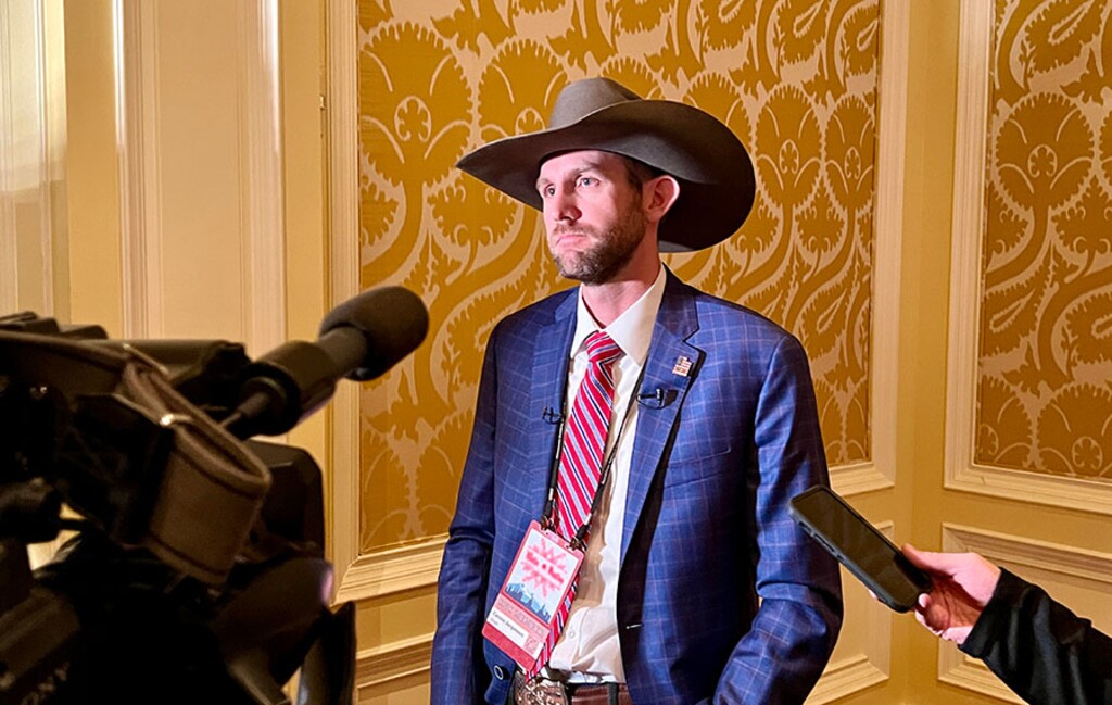 (Bryan Schott | The Salt Lake Tribune) Utah Republican Party Chairman Carson Jorgensen speaks to the media following the Republican National Committee winter meeting at the Grand America Hotel on Feb. 4, 2022.