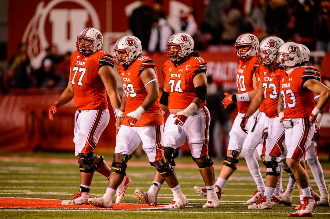 (Trent Nelson | The Salt Lake Tribune)  Utah's offensive line, as the University of Utah hosts Washington State, NCAA football in Salt Lake City, Saturday November 11, 2017.
