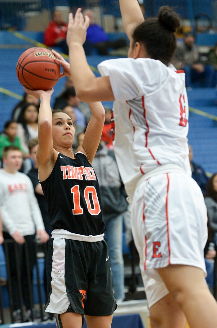 (Leah Hogsten  |  The Salt Lake Tribune) Timpview's Jazzy Espinoza (10) for two.  East faces Timpview in the championship game of the 5A High School Girls' Basketball Tournament at SLCC in Taylorsville, Saturday, Feb. 24, 2018.