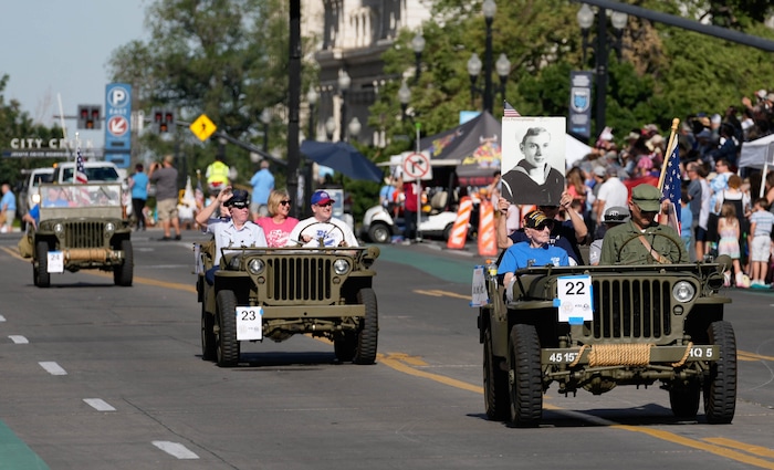 (Francisco Kjolseth | The Salt Lake Tribune) Veterans participate in the Days of ’47 Parade in Salt Lake City on Saturday, July 23, 2022.