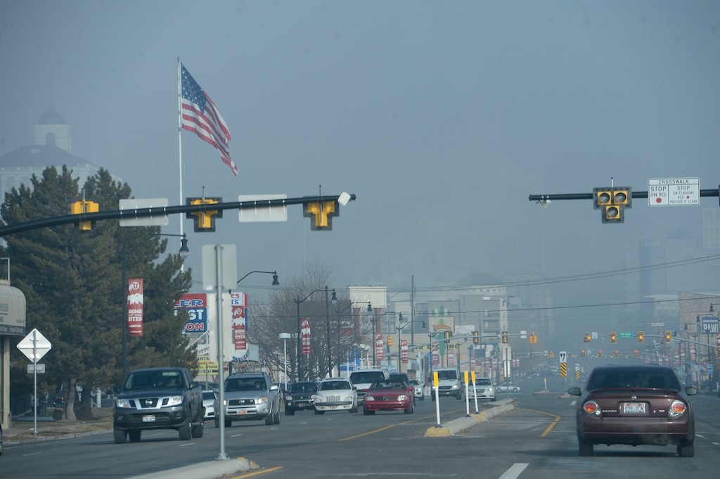 (Al Hartmann | Tribune file photo) Downtown Salt Lake City skyline, looking north from the intersection of State Street and 1000 South, as seen in early December 2017. The city has new rules requiring that owners of commercial buildings report their energy usage, as a step toward lowering air pollution and greenhouse-gas emissions from so-called areas source, such as homes and businesses.