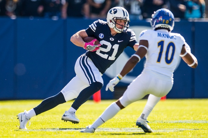(Chris Detrick  |  The Salt Lake Tribune)  Brigham Young Cougars wide receiver Talon Shumway (21) runs past San Jose State Spartans safety Maurice McKnight (10) during the game at LaVell Edwards Stadium Saturday, October 28, 2017.  