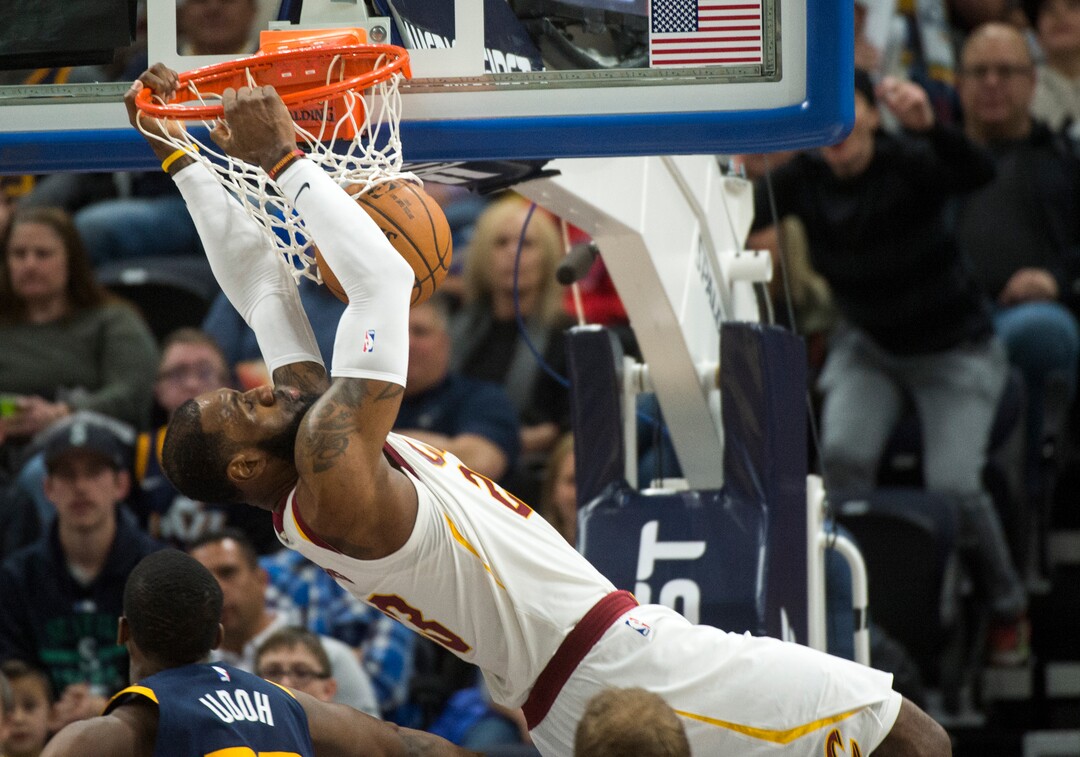 (Rick Egan  |  The Salt Lake Tribune)   Cleveland Cavaliers forward LeBron James (23) dunks the ball, in NBA action Utah Jazz vs Cleveland Cavaliers, in Salt Lake City,  Saturday, December 30, 2017.