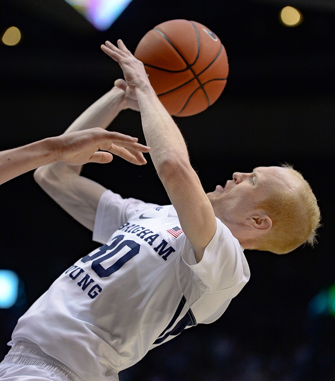 (Francisco Kjolseth  |  The Salt Lake Tribune) Brigham Young Cougars guard TJ Haws (30) is fouled as he tries to still drop it in while falling back in the second half as the Brigham Young Cougars host the Santa Clara Broncos at the Marriott Center in Provo, Thursday, Feb. 20, 2020. BYU won 85-75.