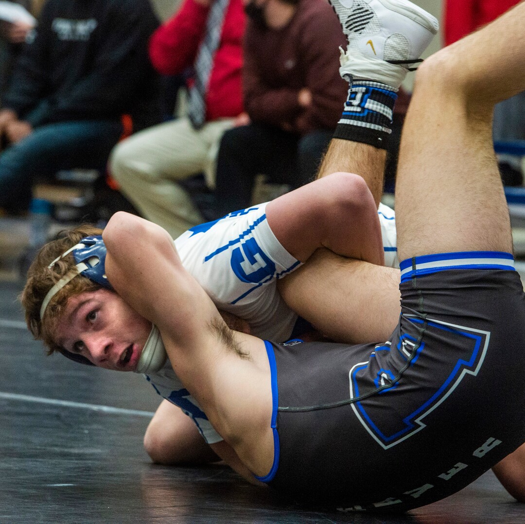 (Rick Egan | The Salt Lake Tribune) Jacob Carson (PG) pins Hagan Mayer (Beaver) in the 113 division at the High School All Star wrestling event in Orem, on Tuesday, Jan. 12, 2021.