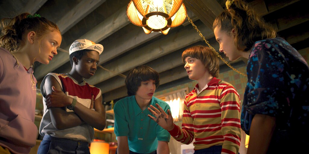 (Photo courtesy of Netflix) Sadie Sink, Caleb McLaughlin, Finn Wolfhard, Noah Schnapp and Millie Bobby Brown in Season 3 of “Stranger Things.”
