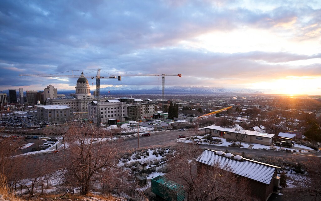 (Bethany Baker  |  The Salt Lake Tribune) The sun sets over the Utah Capitol on the last day of the legislative session in Salt Lake City on Friday, March 7, 2025.