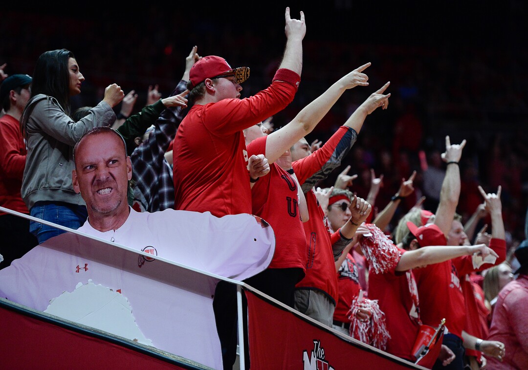 (Francisco Kjolseth  |  The Salt Lake Tribune)  Utah fans cheer on their team as the University of Utah hosts UCLA in NCAA basketball at the Huntsman Center in Salt Lake City, Thursday, Feb. 22, 2018.