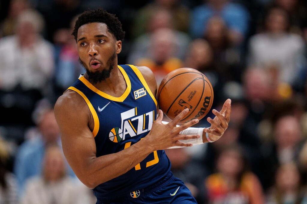 (Trent Nelson  |  The Salt Lake Tribune) Utah Jazz guard Donovan Mitchell (45) as the Utah Jazz host the Sacramento Kings, NBA basketball in Salt Lake City on Saturday, March 12, 2022.