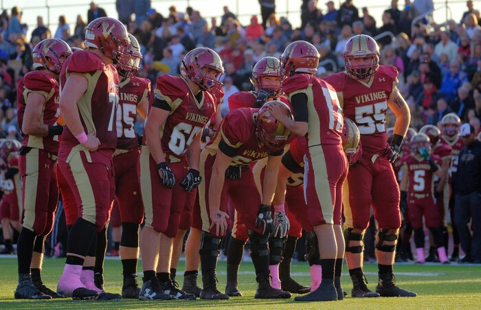 (Leah Hogsten  |  The Salt Lake Tribune) Viewmont's quarterback Davis Weir relays the play. Jordan High School boys' football team defeated Viewmont High School 28-20 during their class 5A football playoff opener, Friday, October 27, 2017 in Bountiful.