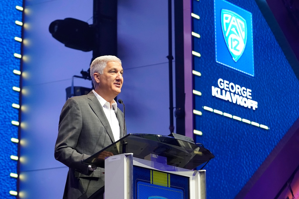 Pac-12 commissioner George Kliavkoff speaks at the NCAA college football Pac-12 media day Friday, July 21, 2023, in Las Vegas. (AP Photo/Lucas Peltier)