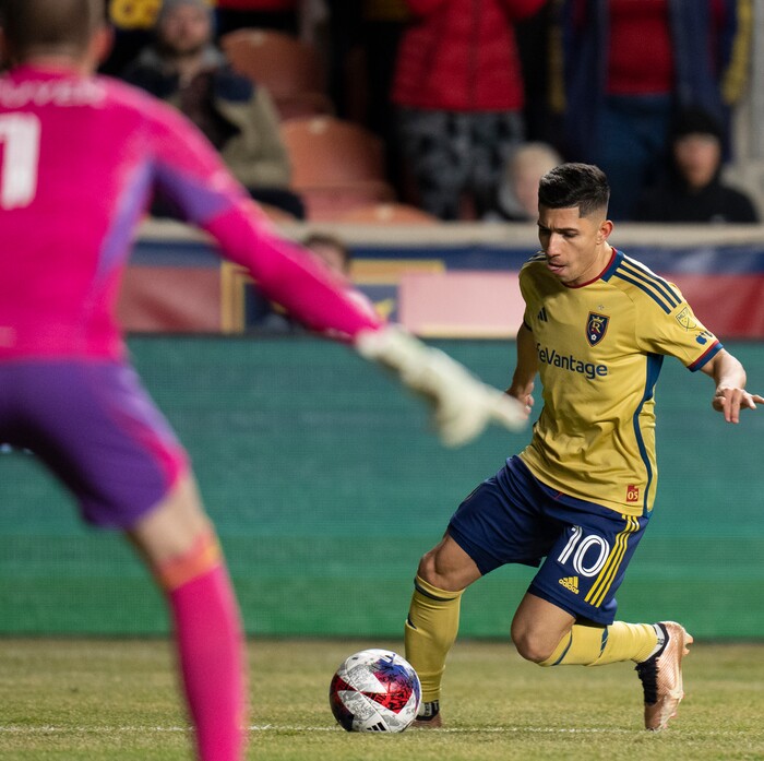 (Rick Egan | The Salt Lake Tribune) Real Salt Lake forward Jefferson Savarino (10) sets up a kick as Austin FC goalkeeper Brad Stuver (1) defends, in MLS action between Real Salt Lake and Austin FC, in Sandy, on Saturday, March 11, 2023.