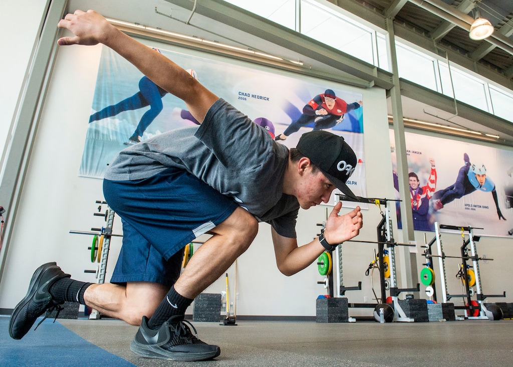 (Rick Egan  |  The Salt Lake Tribune)     Short track skater Ben Thornock has started training again at the Utah Olympic Oval, Friday, May 22, 2020.