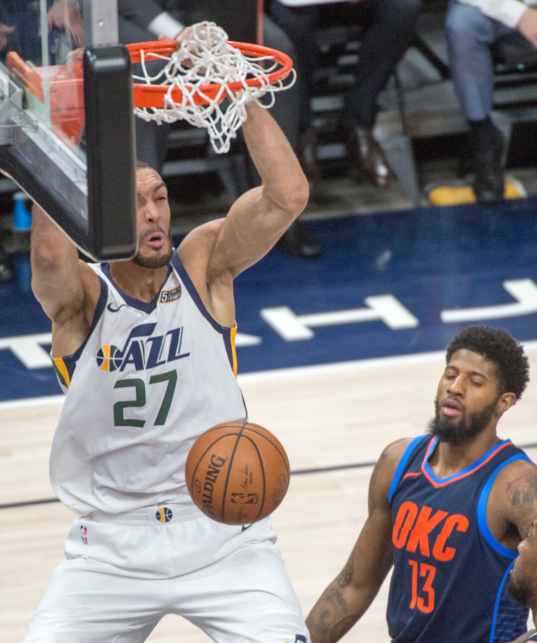(Rick Egan  |  The Salt Lake Tribune)    Utah Jazz center Rudy Gobert (27) dunks the ball in game 4, NBA playoff action between Utah Jazz and Oklahoma City Thunder, in Salt Lake City, Monday April 23, 2018.