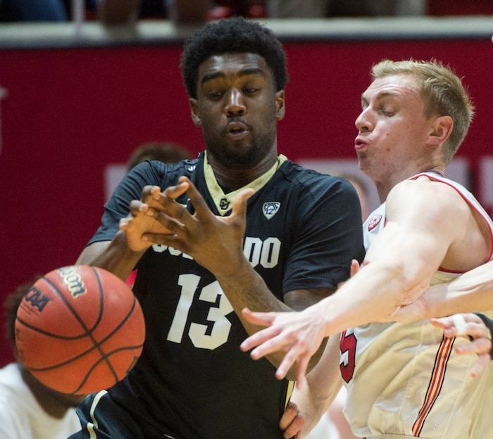 (Rick Egan  |  The Salt Lake Tribune)  Utah Utes guard Parker Van Dyke (5) knocked th eblal out of the hands of Colorado Buffaloes guard Namon Wright (13), in PAC-12 basketball action between Utah Utes and Colorado Buffaloes, at the Jon M. Huntsman Center, Saturday, March 3, 2018.