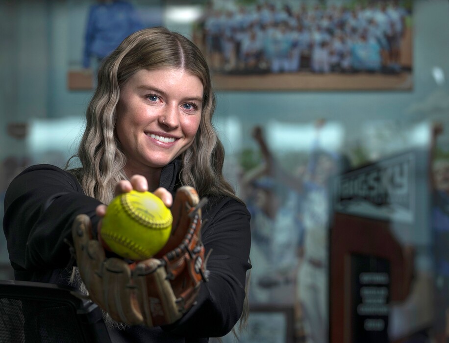 (Leah Hogsten | The Salt Lake Tribune) McKell McCuistion, Weber State University softball's first baseman, Feb. 8, 2023. McCuistion suffered acute compartment syndrome injury Feb. 8, 2023 while rounding first base after her homerun hit during a game at UNLV against Cal Baptist on Feb. 21, 2021.