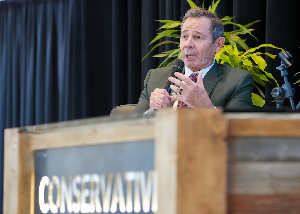 (Chris Samuels | The Salt Lake Tribune) U.S. Sen. John Curtis speaks at the Conservative Climate Summit at the University of Utah in Salt Lake City, Friday, Oct. 17, 2025.