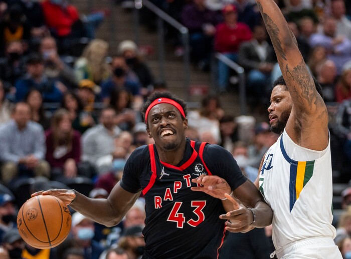 (Rick Egan | The Salt Lake Tribune) Toronto Raptors forward Pascal Siakam (43) goes to the hoop, as Utah forward Rudy Gay (8) defends for the Jazz, in NBA action between Utah Jazz and Toronto Raptors, at Vivint Arena, in Salt Lake City, on  Thursday, Nov. 18, 2021.