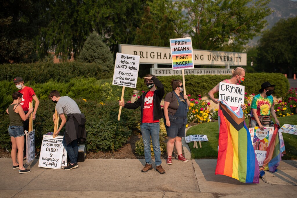 (Trevor Christensen | Special to The Tribune) On Friday, August 27th, 2021 around 30-40 protestors gathered on the edge of Brigham Young University campus to demonstrate against recent remarks by The Church of Jesus Christ of Latter-day Saints apostle Jeffery R. Holland. Holland criticized family members and students who do not support the faithÕs teachings on same-sex marriage and invoked the metaphor of using muskets to defend the church.
