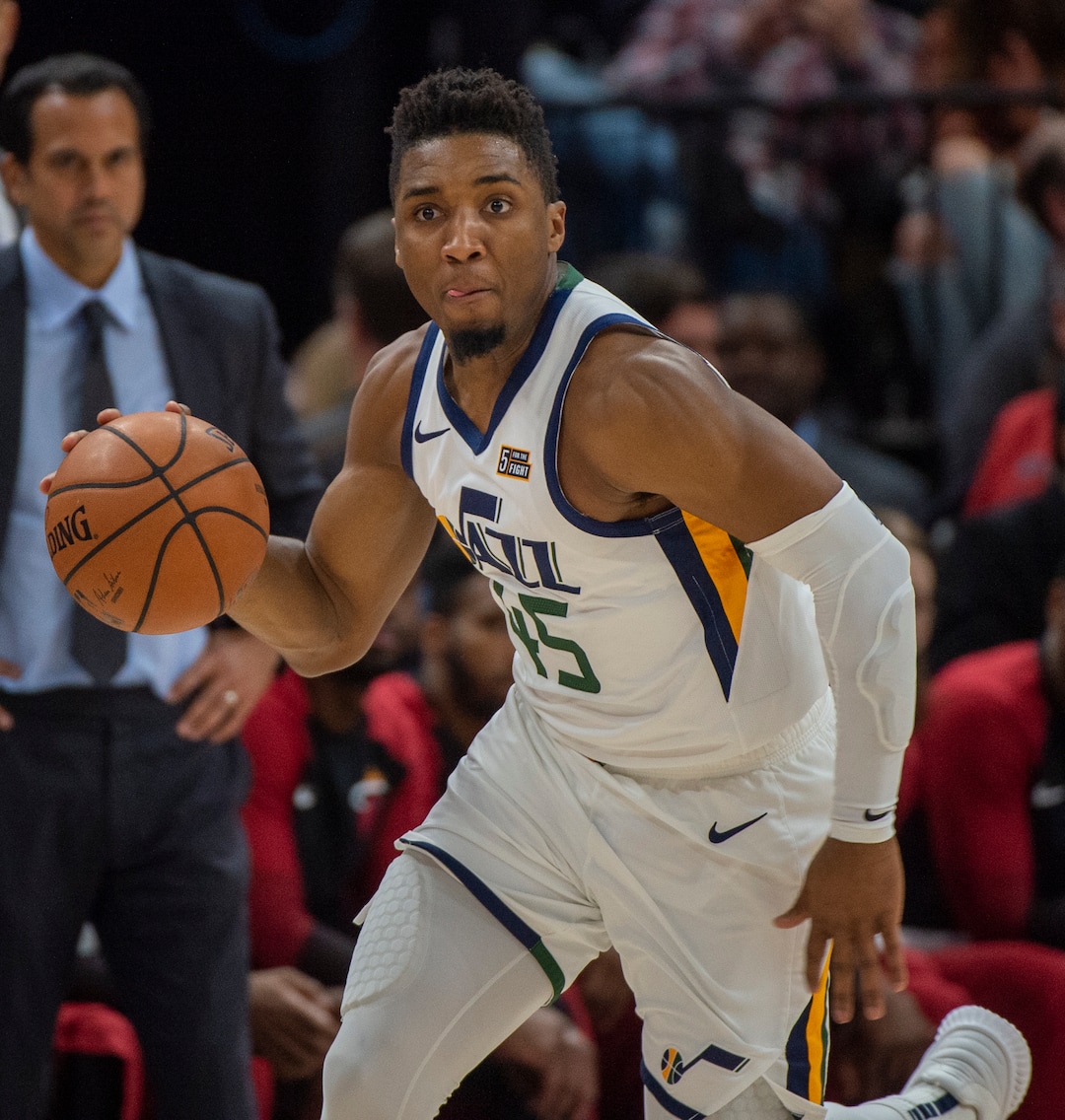 (Rick Egan  |  The Salt Lake Tribune)     Utah Jazz guard Donovan Mitchell (45) leads a fast break, in NBA action between Utah Jazz and Miami Heat, at Vivint Smart Home Arena Wednesday, Dec. 12, 2018.