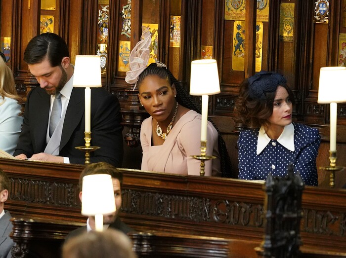 From left Alexis Ohanian, Serena Williams and Abigail Leigh Spencer are seated prior to the start of the wedding ceremony of Prince Harry and Meghan Markle at St. George's Chapel in Windsor Castle in Windsor, near London, England, Saturday, May 19, 2018. (Dominic Lipinski/pool photo via AP)