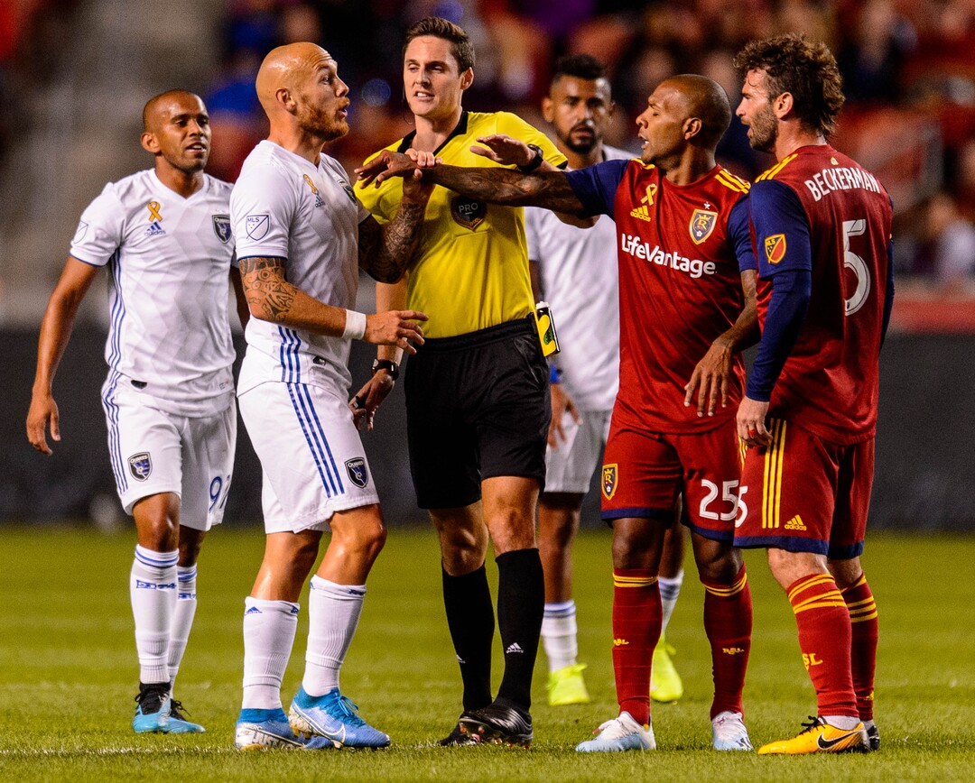 (Trent Nelson  |  The Salt Lake Tribune)  San Jose Earthquakes midfielder Magnus Eriksson (7) and Real Salt Lake midfielder Everton Luiz (25) get heated as Real Salt Lake hosts the San Jose Earthquakes, MLS soccer at Rio Tinto Stadium in Sandy on Wednesday Sept. 11, 2019.