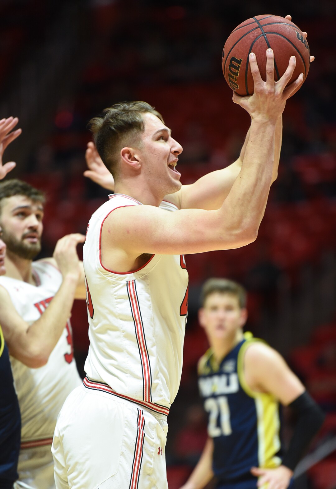 (Francisco Kjolseth  |  The Salt Lake Tribune)  Utah Utes forward Marc Reininger (40) gets the basket against Northern Arizona during the second half of an NCAA basketball college basketball game at the Jon M. Huntsman Center in Salt Lake City, Ut., Friday Dec. 21, 2018.