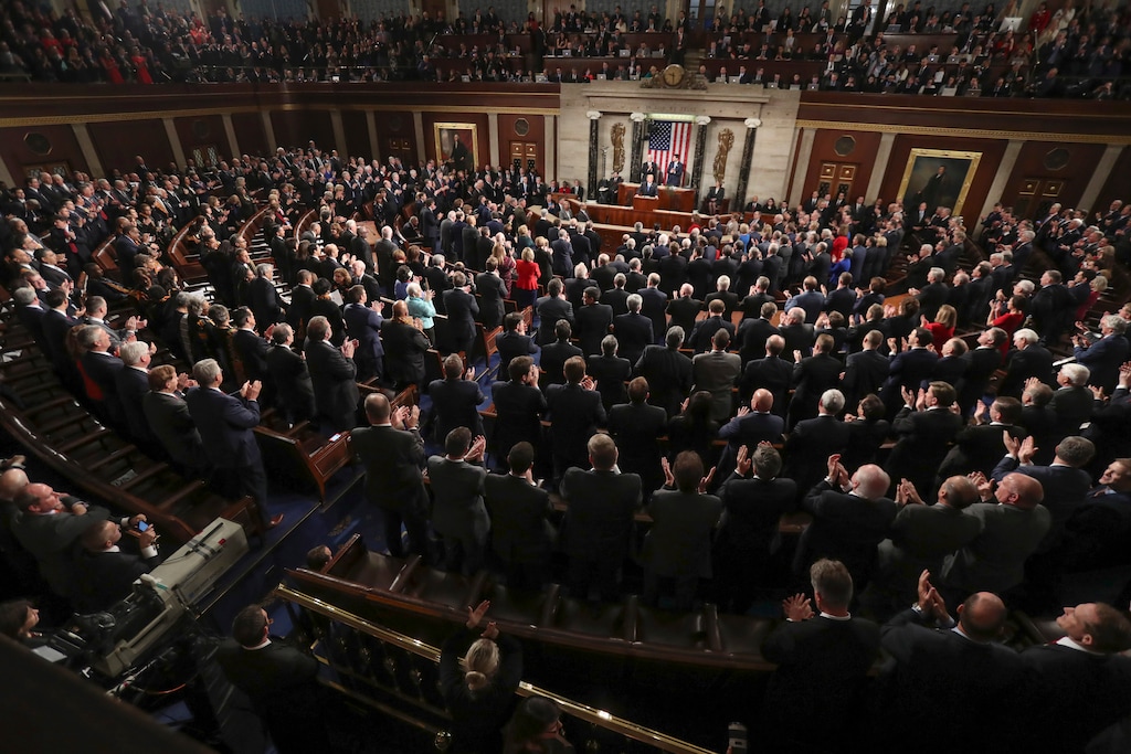 FILE- In this Jan. 30, 2018, file photo President Donald Trump delivers his State of the Union address to a joint session of Congress on Capitol Hill in Washington.  (AP Photo/Pablo Martinez Monsivais, File)