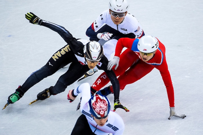 (Chris Detrick  |  The Salt Lake Tribune)  Daeheon Hwang of Korea Keita Watanabe of Japan Thomas Insuk Hong of the United States and Kwang Bom Jong of North Korea race during the Men's 500m Short Track Speed Skating at Gangneung Ice Arena Pyeongchang 2018 Winter Olympics Tuesday, Feb. 20, 2018. 