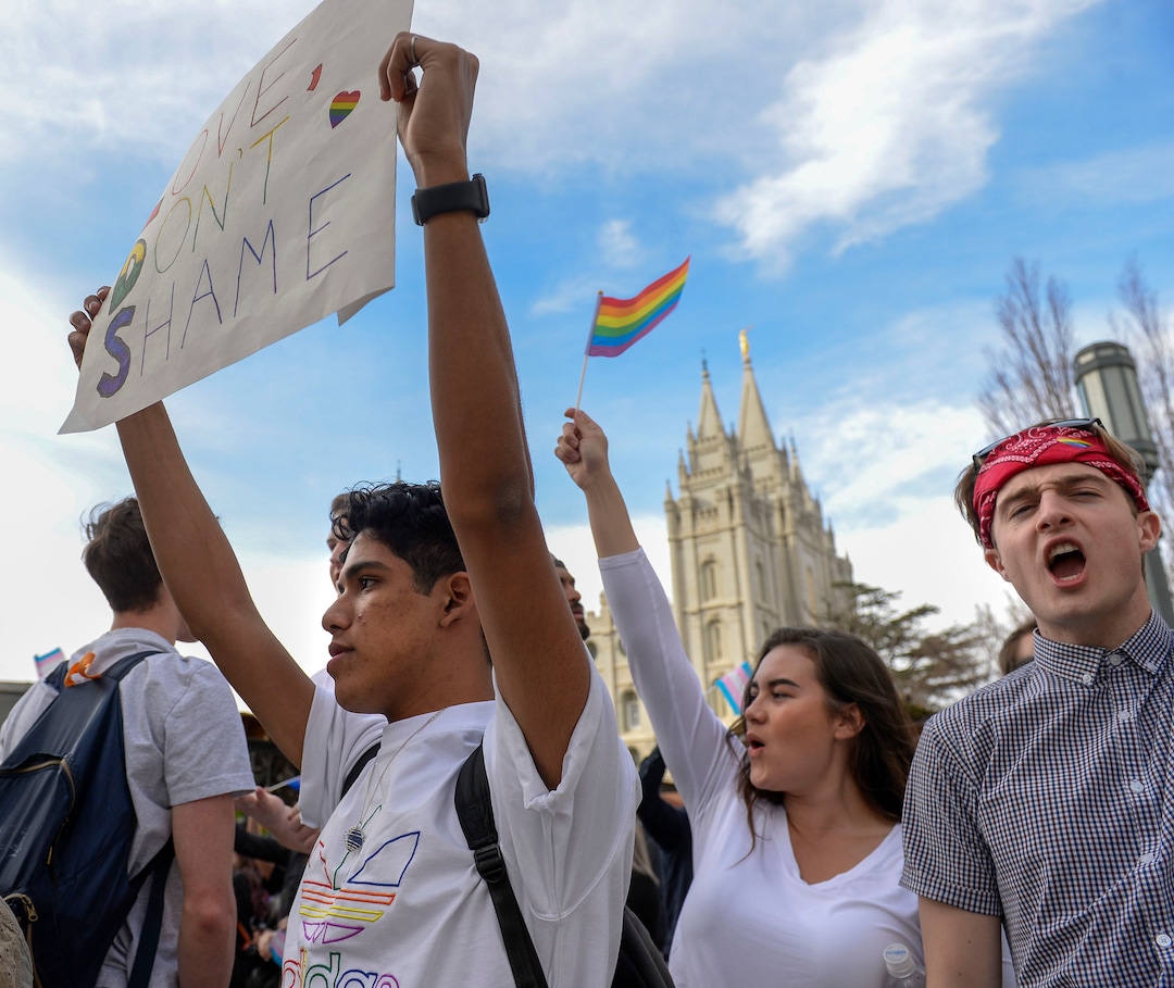 (Leah Hogsten  |  The Salt Lake Tribune)  Brigham Young University LGBTQ students took their concerns about the schoolÕs policy reversal regarding romantic behavior by same-sex couples to The Church of Jesus Christ of Latter-day Saints office building, Mar. 6, 2020. Despite removing the section on Òhomosexual behaviorÓ from BYU Honor Code last month, The LDS Church has clarified for the first time that same-sex romantic behavior is still Ònot compatibleÓ with the rules at BYU.