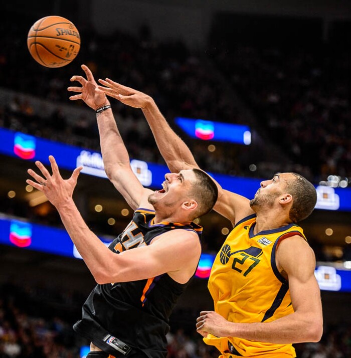 (Trent Nelson | The Salt Lake Tribune)  Utah Jazz center Rudy Gobert (27) knocks the ball from Phoenix Suns center Alex Len (21) as the Utah Jazz host the Phoenix Suns, NBA basketball in Salt Lake City, Wednesday Feb. 14, 2018.