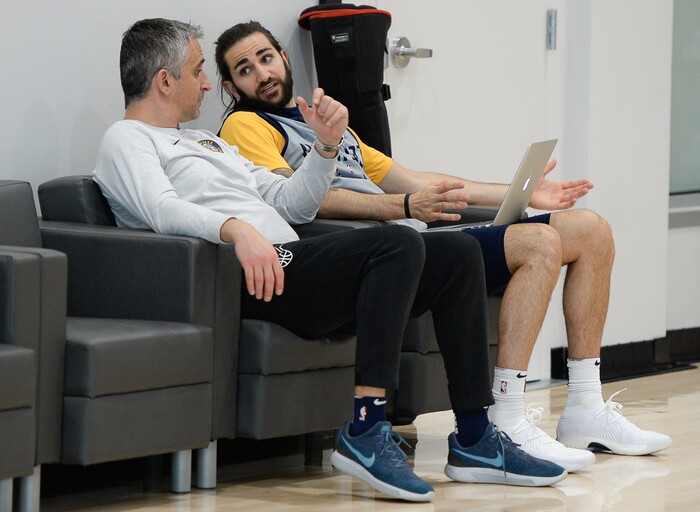(Francisco Kjolseth  |  The Salt Lake Tribune)  Ricky Rubio goes through tape with assistant coach Igor Kokoskov as they Utah Jazz wrap up a long practice on Friday, April 20, 2018, ahead of Game 3 vs. Thunder on Saturday.
