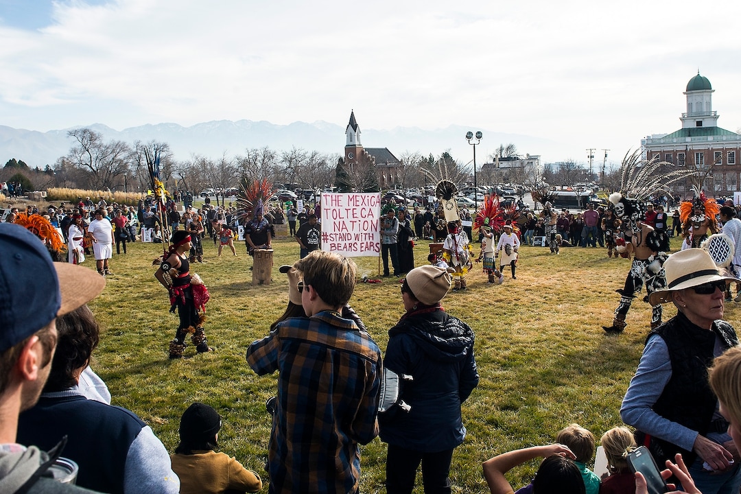(Chris Detrick  |  The Salt Lake Tribune) Supporters of the Bears Ears and Grand Staircase-Escalante National Monuments rally at the Utah State Capitol Saturday, December 2, 2017.  