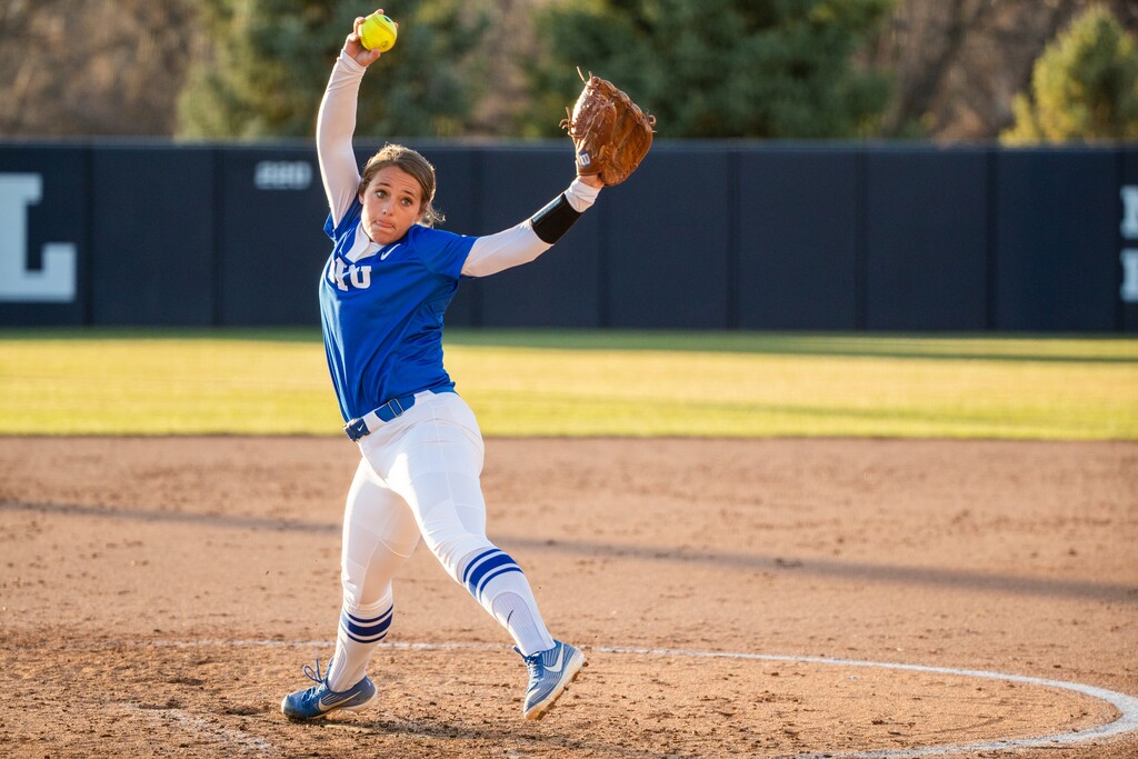 (BYU|Joey Garrison) Autumn Moffat-Korth pitches against Utah State on May 11. The BYU ace pitched her second consecutive Tempe Regional game on Friday against Southern Illinois.