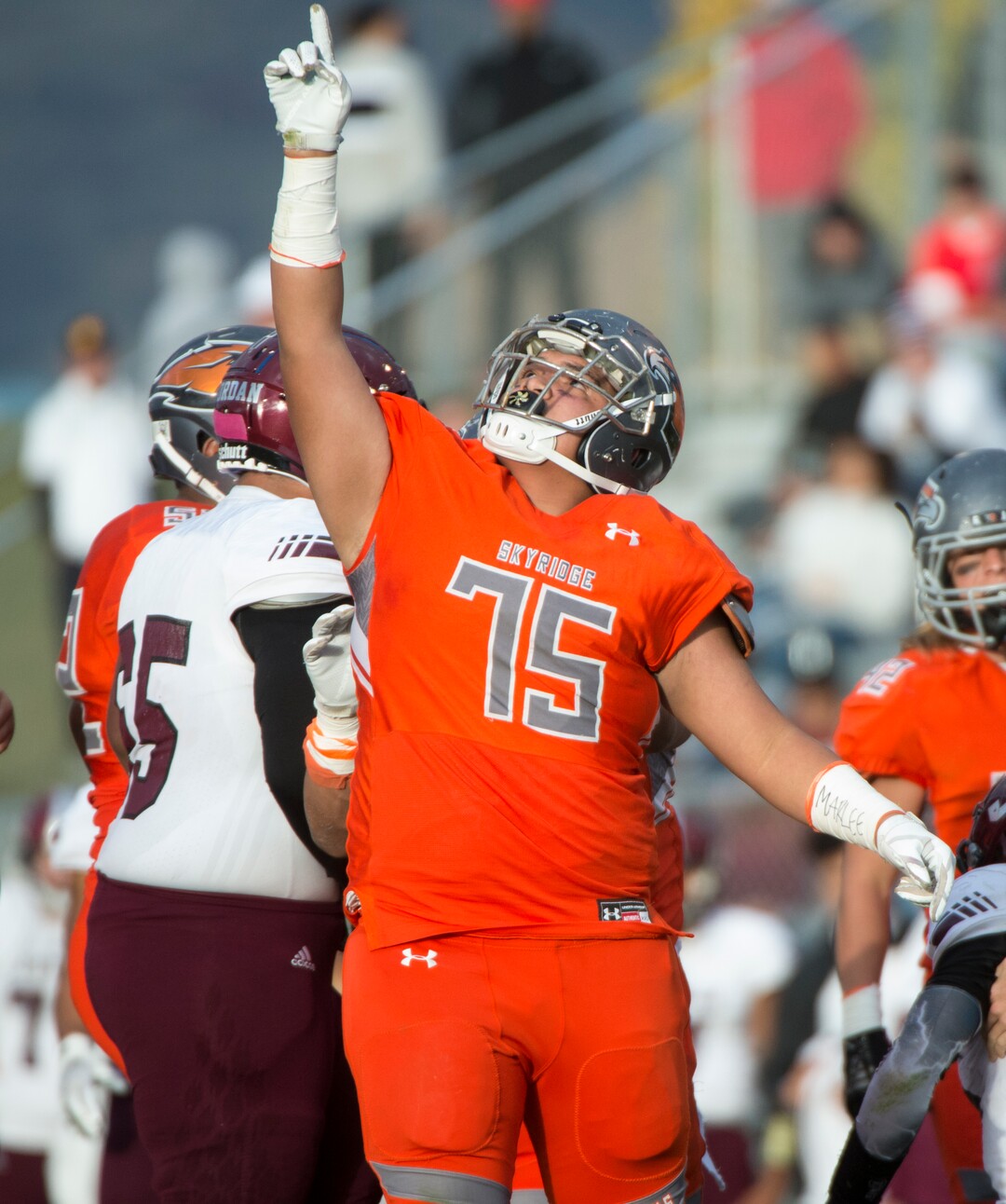 (Rick Egan  |  The Salt Lake Tribune)   Skyridge defensive linemanTeedrick Toilolo celebrates after sacking the Jordan High quarterback, in prep 5A playoff action, in Lehi, Friday, Nov. 2, 2018.