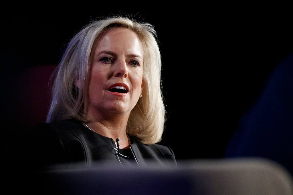 (Carolyn Kaster | AP file photo) FILE - In this Monday, March 18, 2019, file photo, Homeland Security Secretary Kirstjen Nielsen speaks at George Washington University's Jack Morton Auditorium in Washington. In a tweet on Sunday, April 7, 2019, President Donald Trump said he's accepted Nielsen's resignation.