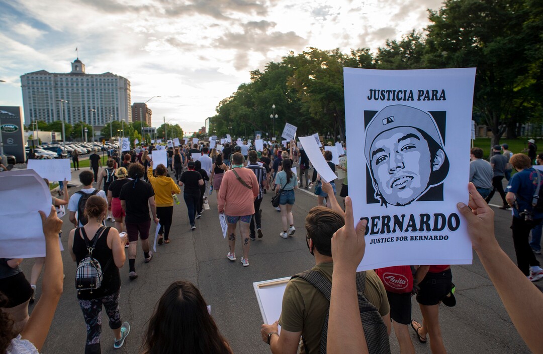 (Rick Egan  |  The Salt Lake Tribune)    Protesters take to the streets, during a Justice for Bernardo protest in Salt Lake City, on Wednesday, June 24, 2020.