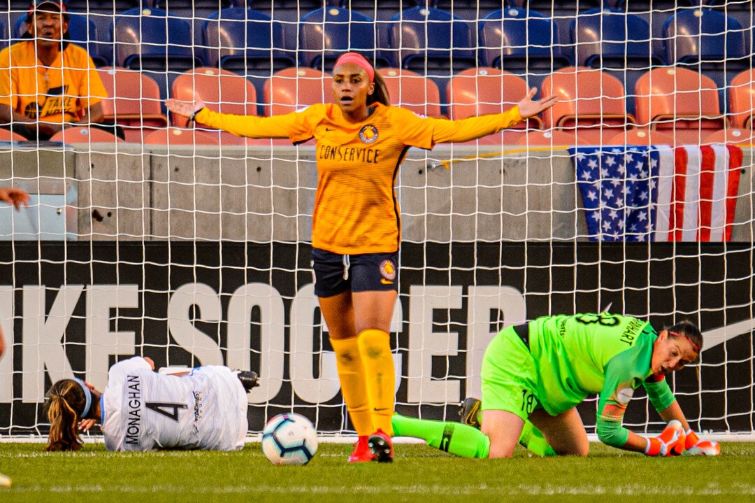 (Trent Nelson  |  The Salt Lake Tribune)  Utah Royals FC defender Samantha Johnson (16) looks for a call after Sky Blue FC midfielder Paige Monaghan (4) collided with Utah Royals FC goalkeeper Nicole Barnhart (18) as Utah Royals FC hosts Sky Blue FC at Rio Tinto Stadium in Sandy on Saturday June 15, 2019.