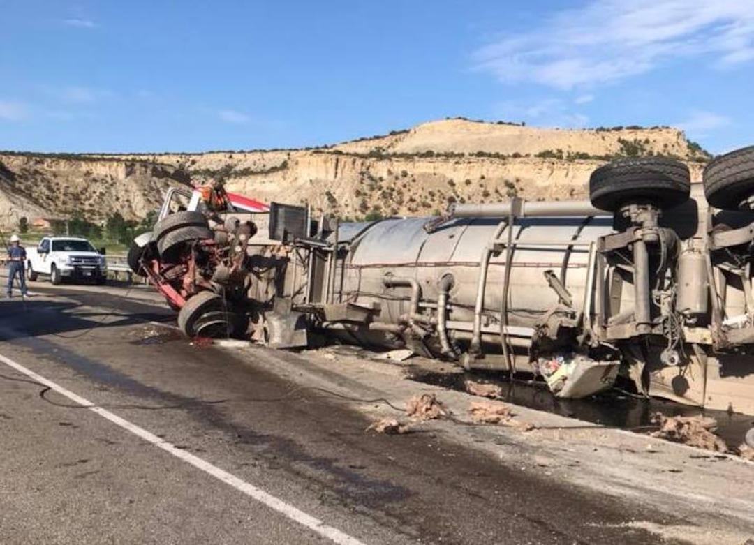 (Photo courtesy Carbon County Sheriff's Department) A truck accident resulted in an 8,000-gallon crude oil leak on Highway 6 in Carbon County.