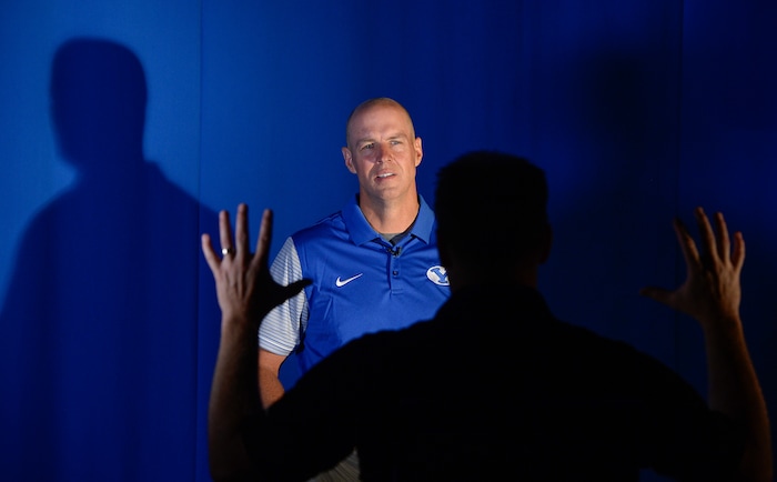 (Francisco Kjolseth  |  The Salt Lake Tribune)  Assistant head coach Ed Lamb makes the interview rounds as BYU hosts their eighth-annual football media day at the BYU-Broadcasting Building on Friday, June 22, 2018.