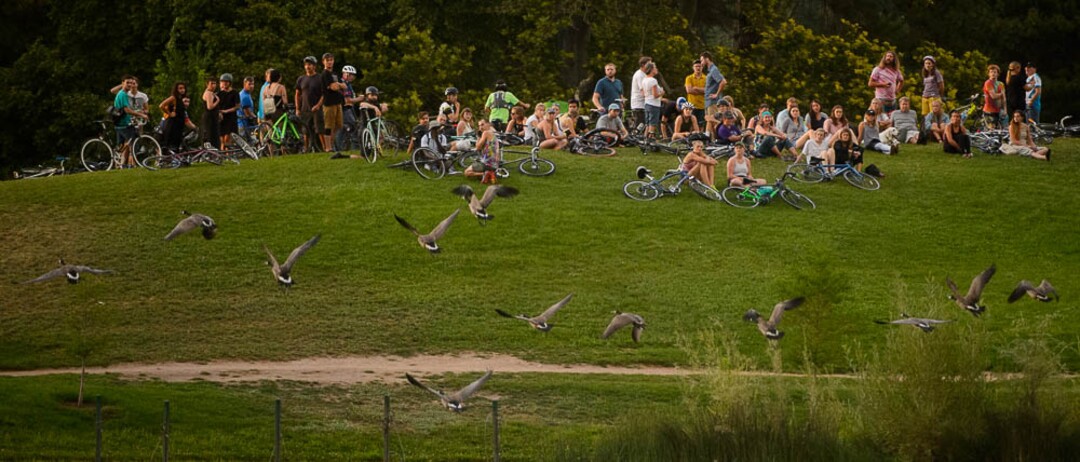 (Trent Nelson | The Salt Lake Tribune)Cyclists gather and ride around Salt Lake City's Liberty Park, Saturday July 21, 2018, in remembrance of Cameron Hooyer, a rider who was killed by a FrontRunner train during a 999 Ride on Thursday.