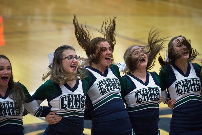 Scott Sommerdorf | The Salt Lake TribuneCopper Hills cheerleaders pump up the energy during a first half time out. Copper Hills defeated Riverton 54-50, Friday, February, 2, 2018. 