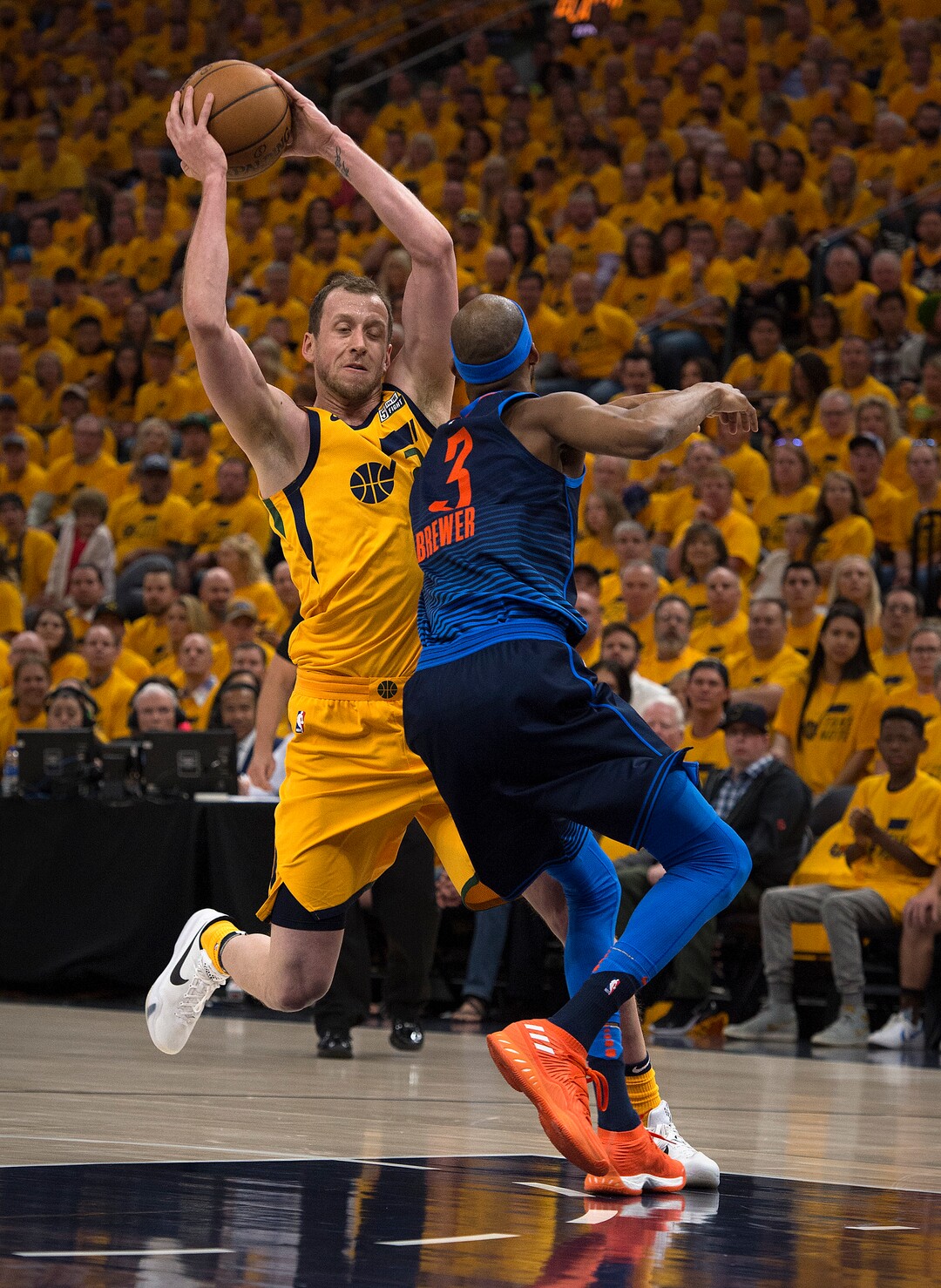 (Scott Sommerdorf | The Salt Lake Tribune)Utah Jazz forward Joe Ingles (2) drives past Oklahoma City Thunder forward Corey Brewer (3) during first quarter play. The Thunder led the Jazz 22-18 at the end of the 1st quarter during Game 6 of the first round playoff game, Friday, April 27, 2018.