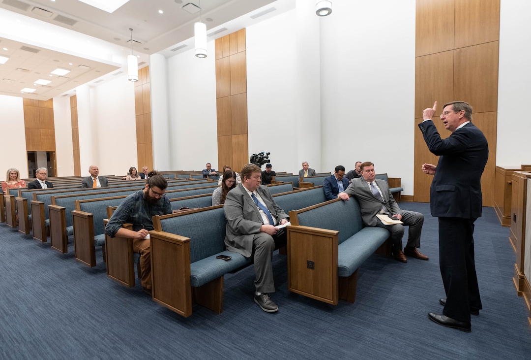 (Francisco Kjolseth | The Salt Lake Tribune) Elder Kevin Pearson, Utah Area president for The Church of Jesus Christ of Latter-day Saints, provides a media tour of the new 95 State meetinghouse on Friday, April 8, 2022.