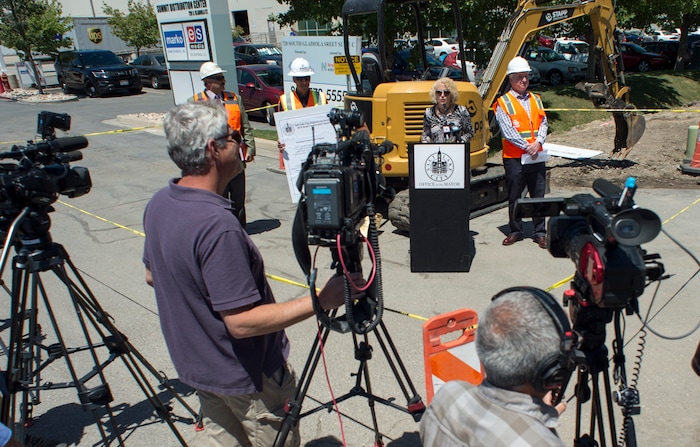 (Rick Egan | The Salt Lake Tribune) Salt Lake City Mayor Jackie Biskupski announces the start of the city’s 2018 road construction season. A total of ten projects are scheduled for completion by the City’s Engineering Division through a combined investment of $5 million. Monday, June 11, 2018.