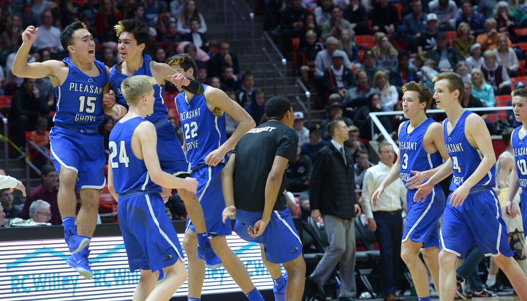 (Leah Hogsten  |  The Salt Lake Tribune) Pleasant Grove is up at the half. Pleasant Grove plays Lone Peak to win the 6A High School BoysÕ Basketball Tournament Championship at the Jon M. Huntsman Center in Salt Lake City, Saturday, March 3, 2018. 